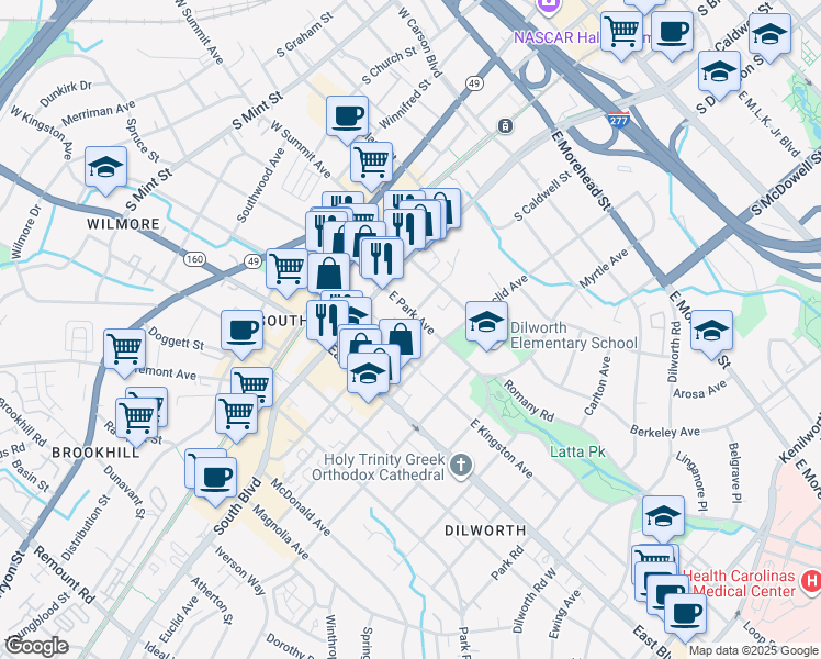 map of restaurants, bars, coffee shops, grocery stores, and more near 300 East Park Avenue in Charlotte