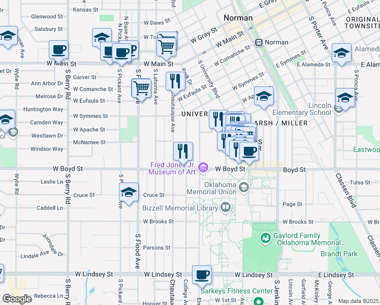 map of restaurants, bars, coffee shops, grocery stores, and more near 465 College Avenue in Norman
