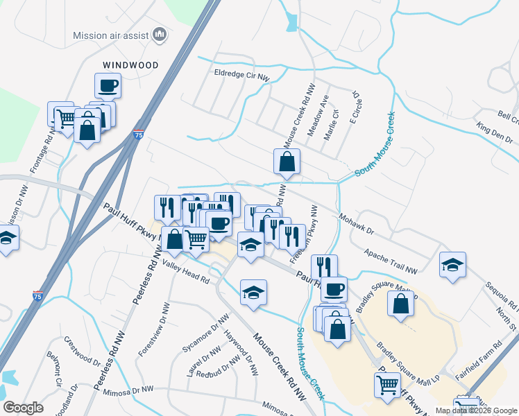 map of restaurants, bars, coffee shops, grocery stores, and more near 910 Robin Hood Dr NW in Cleveland