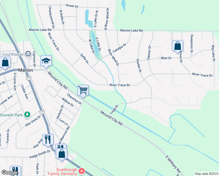 map of restaurants, bars, coffee shops, grocery stores, and more near 250 River Trace Drive in Marion