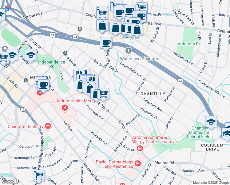 map of restaurants, bars, coffee shops, grocery stores, and more near 2913 Craftsman Lane in Charlotte