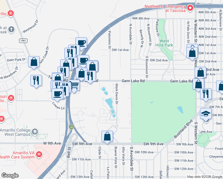 map of restaurants, bars, coffee shops, grocery stores, and more near 412 Les Street in Amarillo