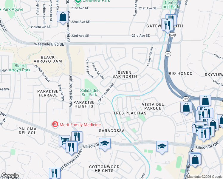 map of restaurants, bars, coffee shops, grocery stores, and more near 4241 Montera Place Northwest in Albuquerque