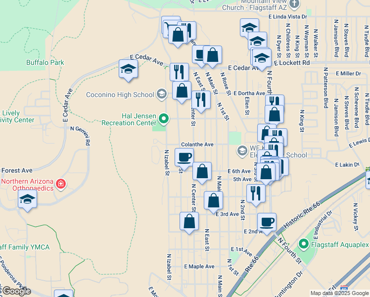 map of restaurants, bars, coffee shops, grocery stores, and more near 2420 North West Street in Flagstaff