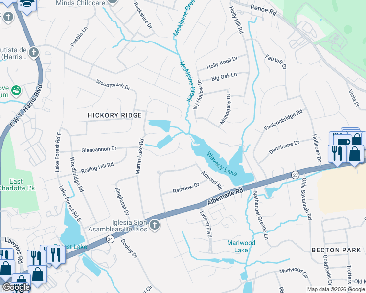 map of restaurants, bars, coffee shops, grocery stores, and more near 8019 Glencannon Drive in Charlotte