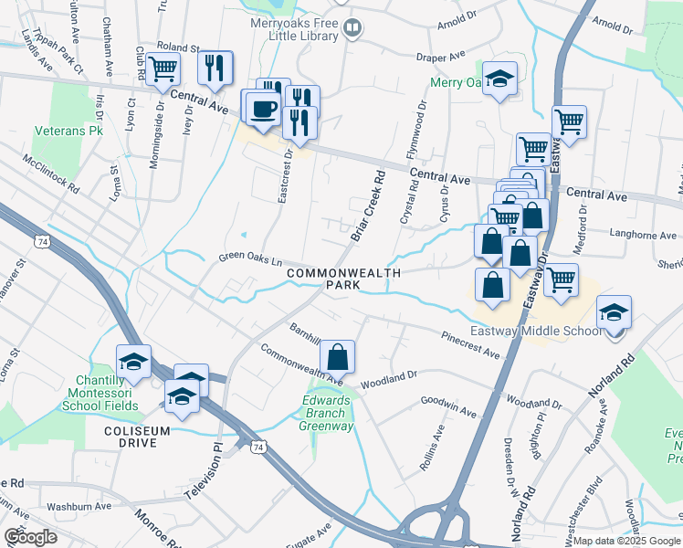 map of restaurants, bars, coffee shops, grocery stores, and more near in Charlotte