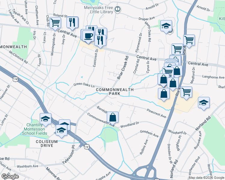 map of restaurants, bars, coffee shops, grocery stores, and more near in Charlotte