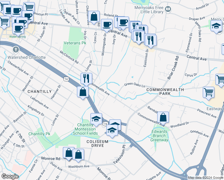 map of restaurants, bars, coffee shops, grocery stores, and more near in Charlotte