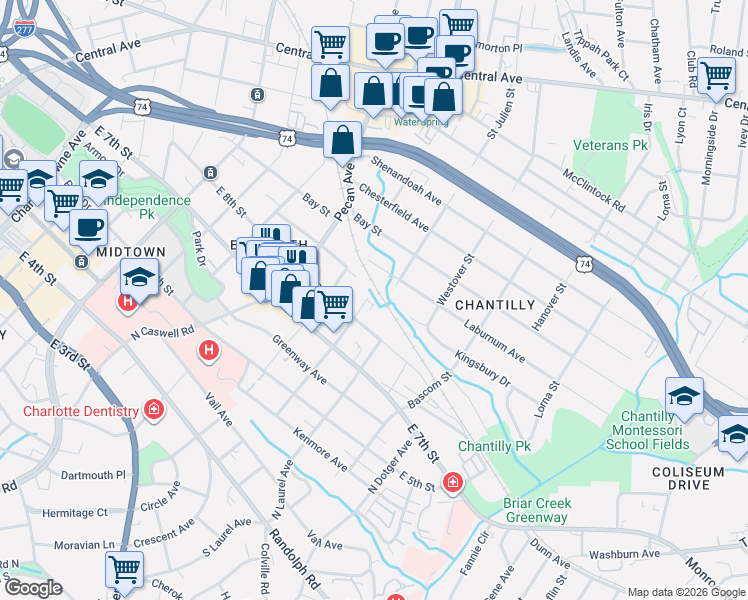 map of restaurants, bars, coffee shops, grocery stores, and more near in Charlotte