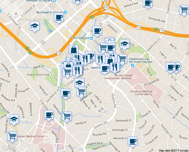 map of restaurants, bars, coffee shops, grocery stores, and more near in Charlotte