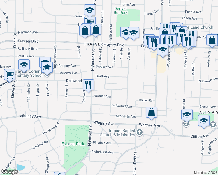 map of restaurants, bars, coffee shops, grocery stores, and more near 3184 Beechmont Street in Memphis