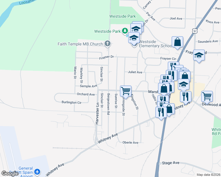map of restaurants, bars, coffee shops, grocery stores, and more near 3183 Sunrise Street in Memphis