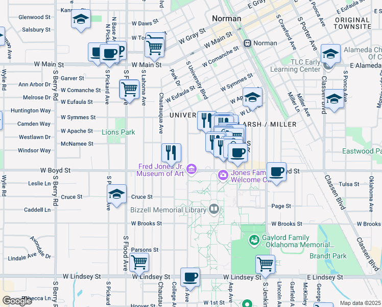 map of restaurants, bars, coffee shops, grocery stores, and more near 465 Elm Avenue in Norman