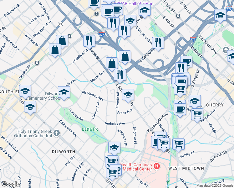 map of restaurants, bars, coffee shops, grocery stores, and more near 1124 Dilworth Road in Charlotte