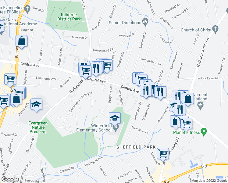 map of restaurants, bars, coffee shops, grocery stores, and more near 1848 Progress Lane in Charlotte