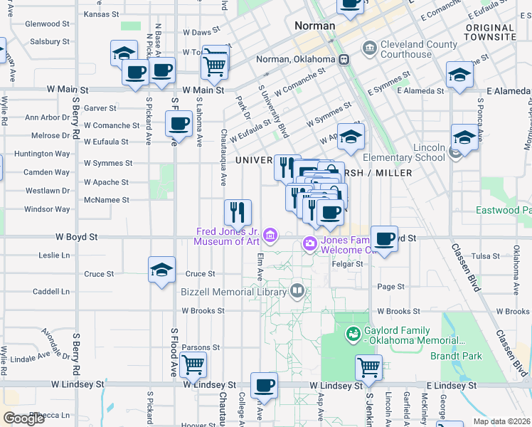 map of restaurants, bars, coffee shops, grocery stores, and more near 465 Elm Avenue in Norman