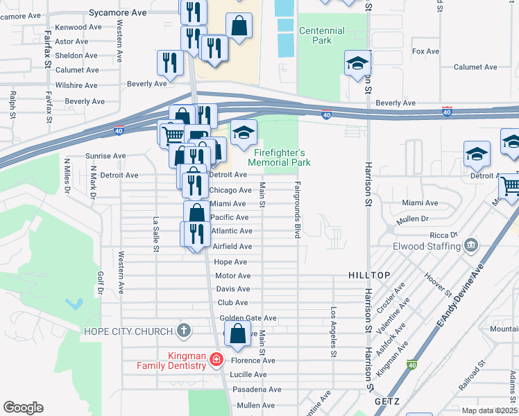 map of restaurants, bars, coffee shops, grocery stores, and more near 1986 Miami Avenue in Kingman