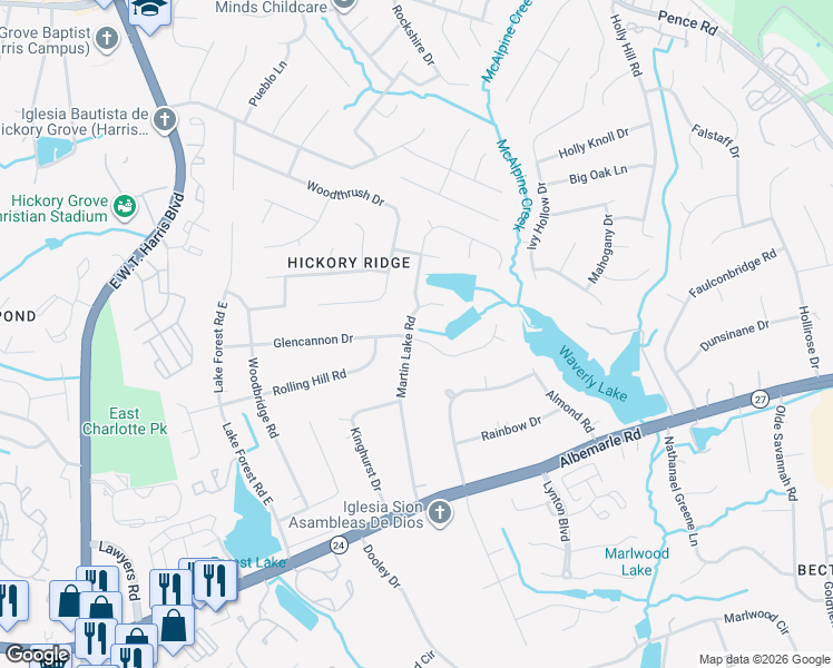 map of restaurants, bars, coffee shops, grocery stores, and more near 6206 Martin Lake Road in Charlotte