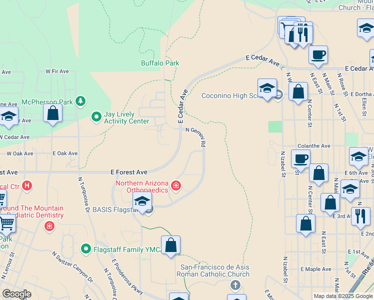 map of restaurants, bars, coffee shops, grocery stores, and more near 2225 North Gemini Road in Flagstaff