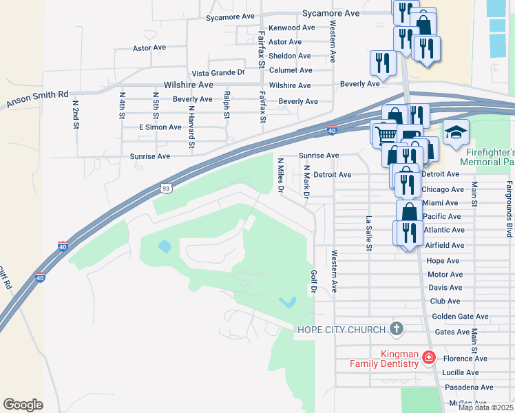 map of restaurants, bars, coffee shops, grocery stores, and more near 895 Country Club Drive in Kingman