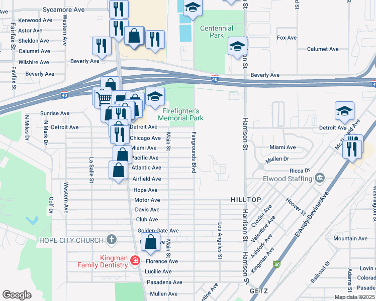 map of restaurants, bars, coffee shops, grocery stores, and more near 2032 Miami Avenue in Kingman