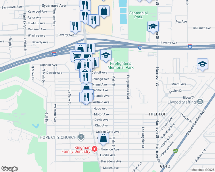 map of restaurants, bars, coffee shops, grocery stores, and more near 1986 Miami Avenue in Kingman