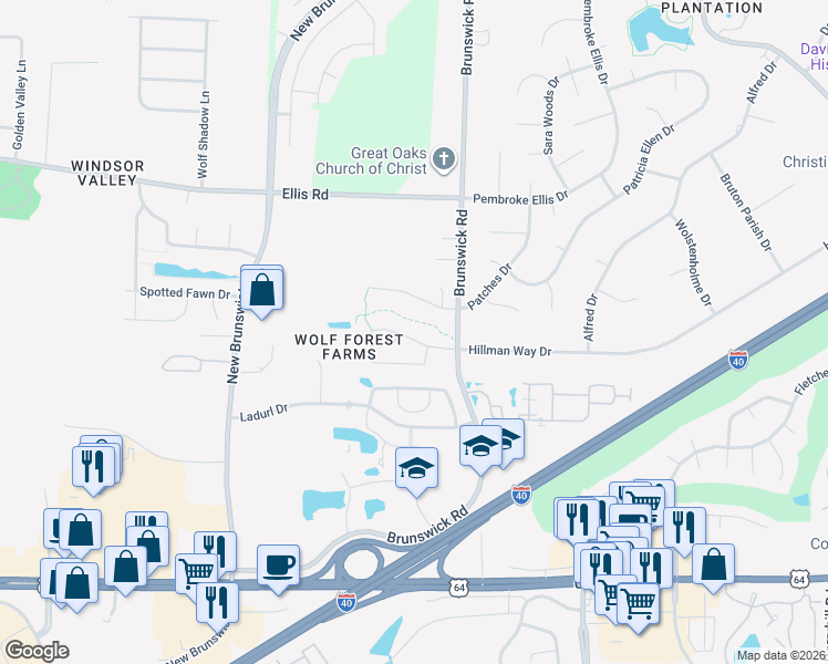 map of restaurants, bars, coffee shops, grocery stores, and more near 8758 Brunswick Forest Drive in Memphis