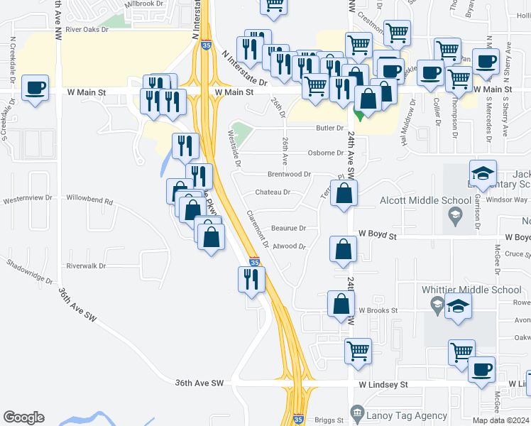 map of restaurants, bars, coffee shops, grocery stores, and more near 2656 Trenton Road in Norman