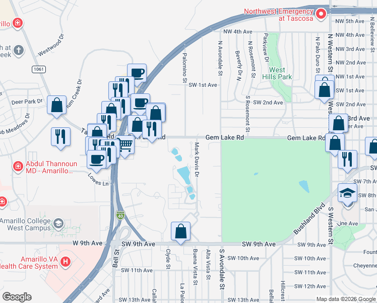 map of restaurants, bars, coffee shops, grocery stores, and more near 412 Les Street in Amarillo