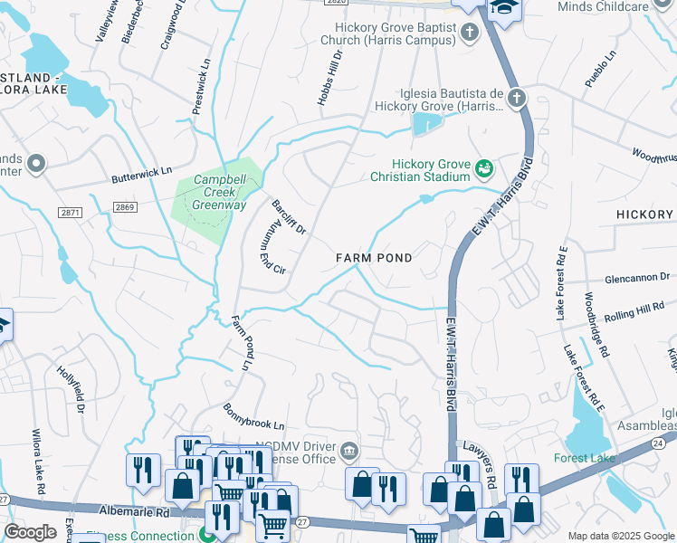 map of restaurants, bars, coffee shops, grocery stores, and more near 5407 2 Moons Drive in Charlotte