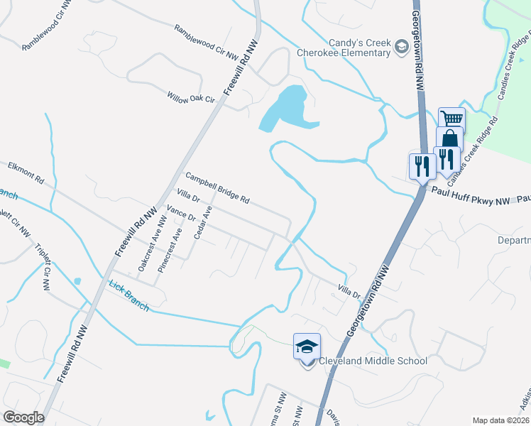 map of restaurants, bars, coffee shops, grocery stores, and more near 2509 Campbell Bridge Road in Cleveland