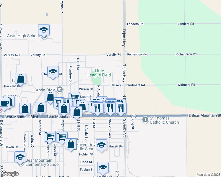 map of restaurants, bars, coffee shops, grocery stores, and more near 380 B Street in Arvin