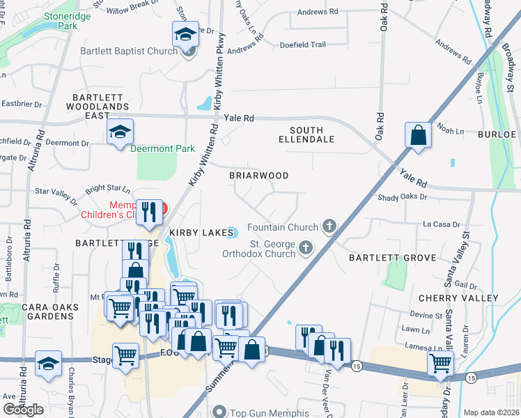 map of restaurants, bars, coffee shops, grocery stores, and more near 6871 Hedgewood Lane in Bartlett