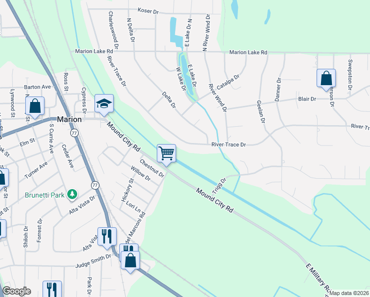 map of restaurants, bars, coffee shops, grocery stores, and more near 240 River Trace Drive in Marion