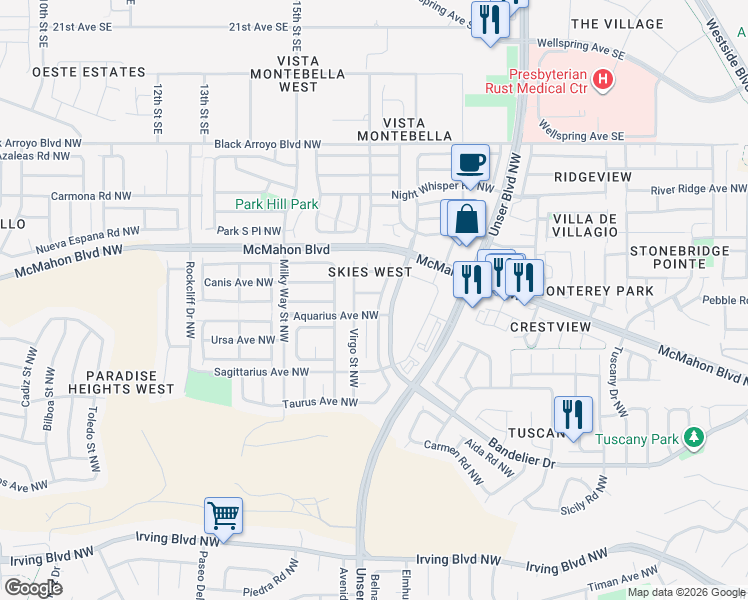 map of restaurants, bars, coffee shops, grocery stores, and more near 5800 Scorpio Avenue Northwest in Albuquerque