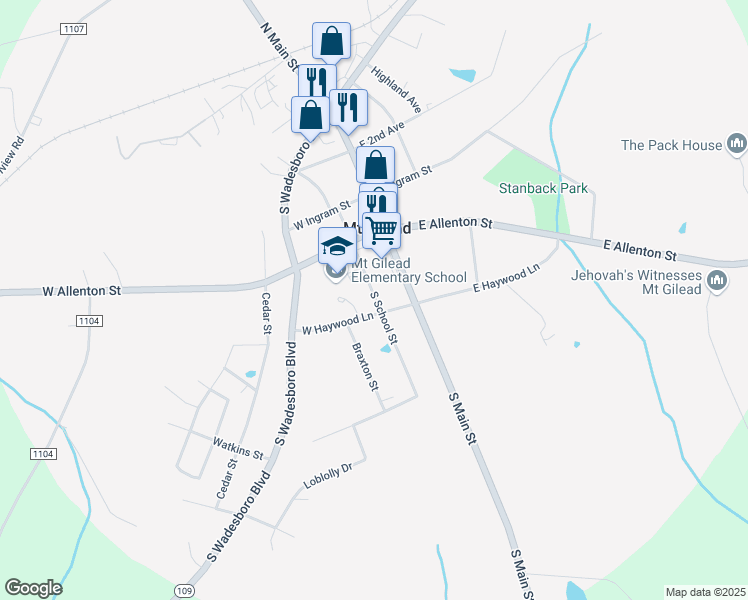 map of restaurants, bars, coffee shops, grocery stores, and more near South School Street in Mount Gilead