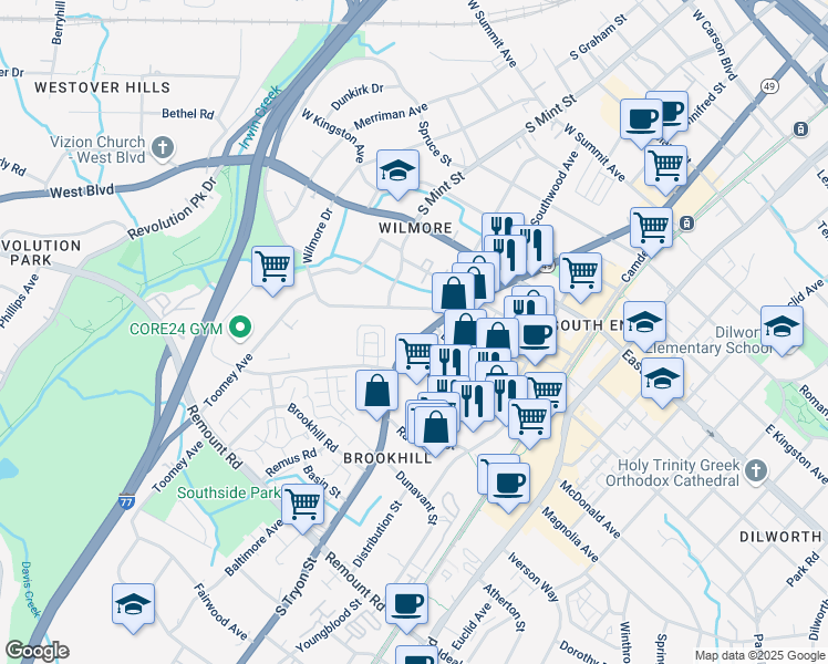 map of restaurants, bars, coffee shops, grocery stores, and more near 1955 Woodcrest Avenue in Charlotte