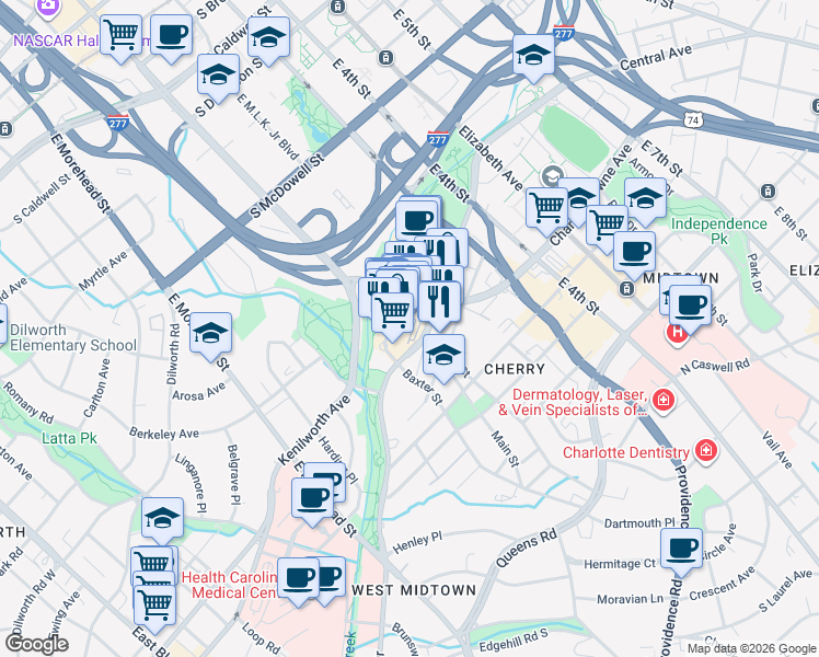 map of restaurants, bars, coffee shops, grocery stores, and more near 1111 Metropolitan Avenue in Charlotte