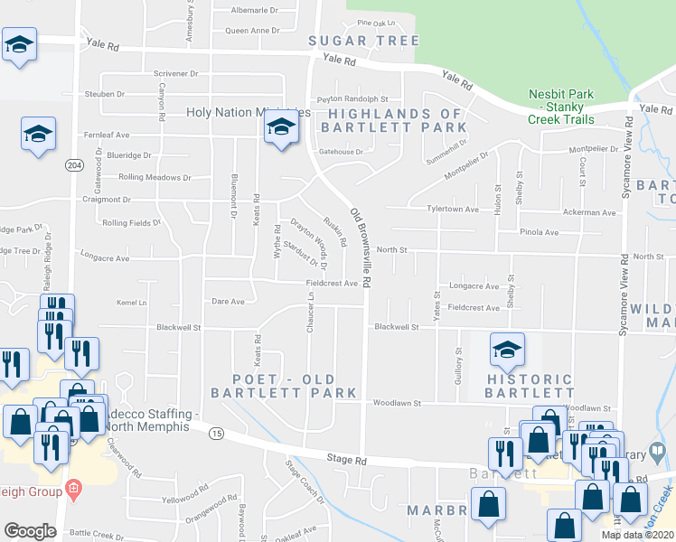 map of restaurants, bars, coffee shops, grocery stores, and more near 3177 Ruskin Road in Memphis