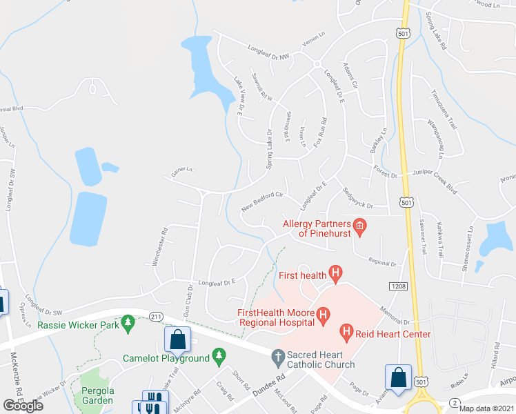 map of restaurants, bars, coffee shops, grocery stores, and more near 80 New Bedford Circle in Pinehurst