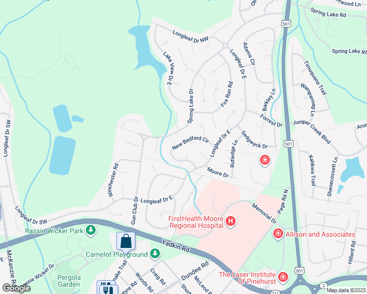 map of restaurants, bars, coffee shops, grocery stores, and more near 80 New Bedford Circle in Pinehurst