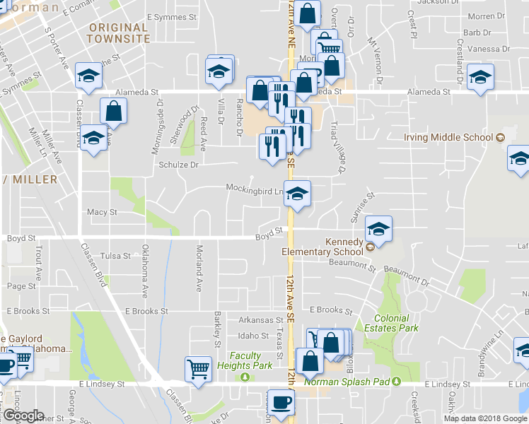 map of restaurants, bars, coffee shops, grocery stores, and more near 1100 Melisa Drive in Norman