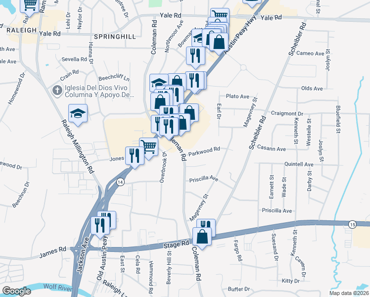 map of restaurants, bars, coffee shops, grocery stores, and more near 3178 Coleman Road in Memphis