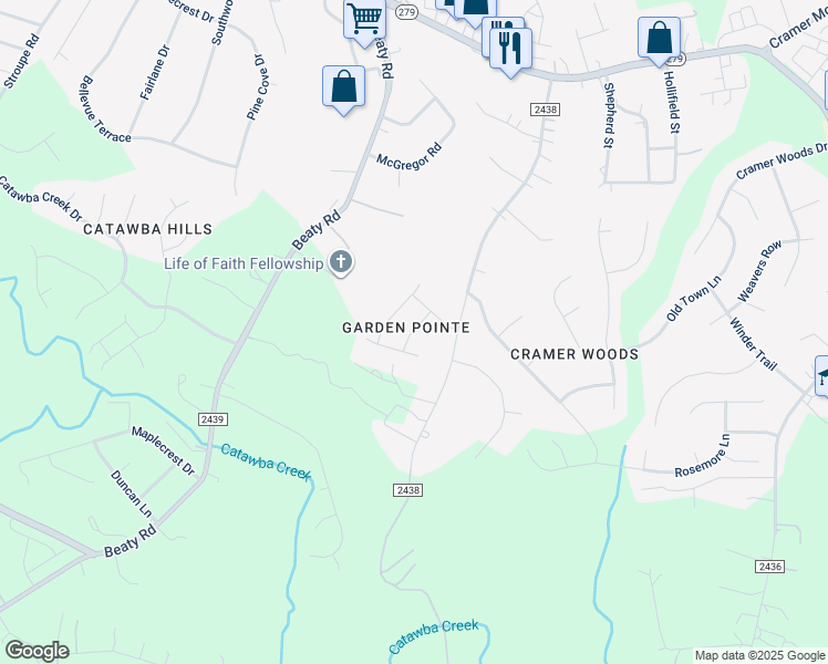 map of restaurants, bars, coffee shops, grocery stores, and more near 5624 Amelia Lane in Gastonia