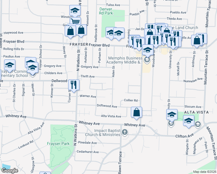 map of restaurants, bars, coffee shops, grocery stores, and more near 3181 Aden Street in Memphis