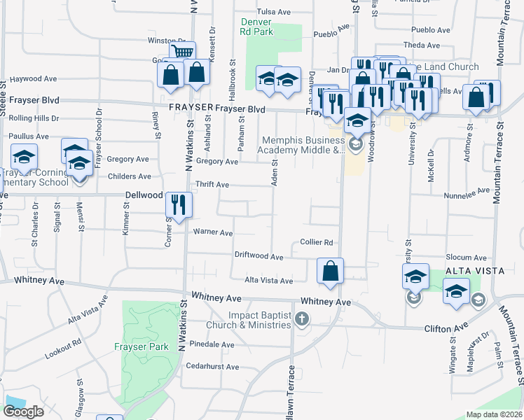 map of restaurants, bars, coffee shops, grocery stores, and more near 3181 Aden Street in Memphis