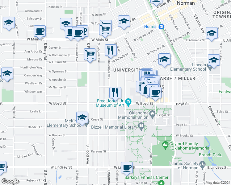 map of restaurants, bars, coffee shops, grocery stores, and more near 460 College Avenue in Norman