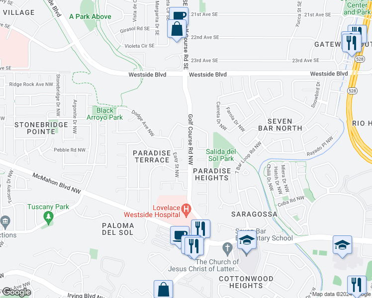 map of restaurants, bars, coffee shops, grocery stores, and more near 10512 Easy Place Northwest in Albuquerque