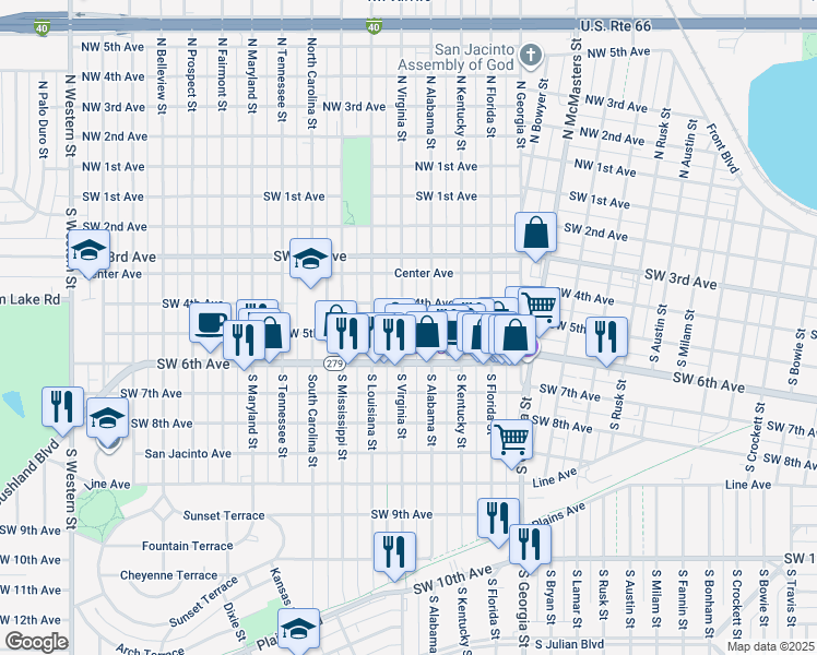 map of restaurants, bars, coffee shops, grocery stores, and more near 409 South Virginia Street in Amarillo