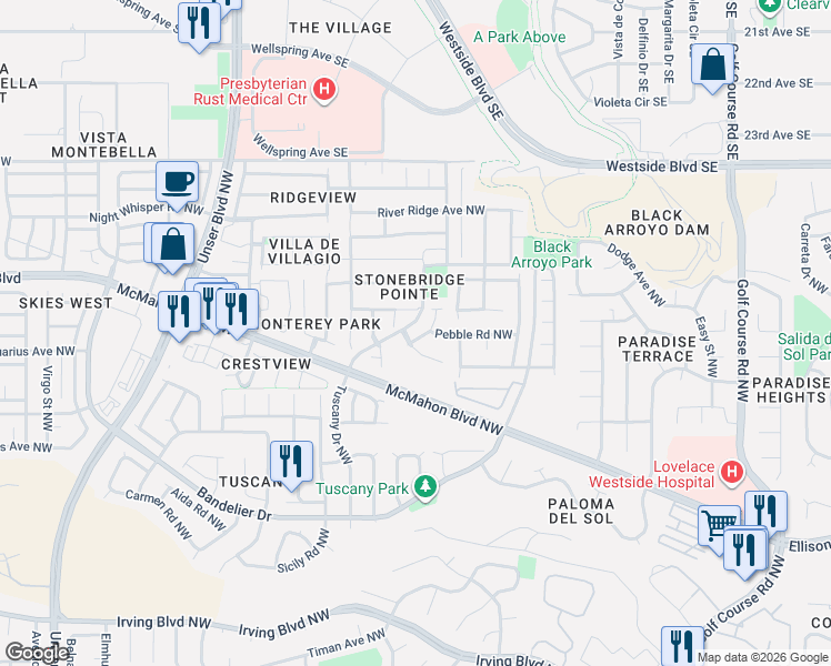 map of restaurants, bars, coffee shops, grocery stores, and more near 10709 Flagstone Place Northwest in Albuquerque